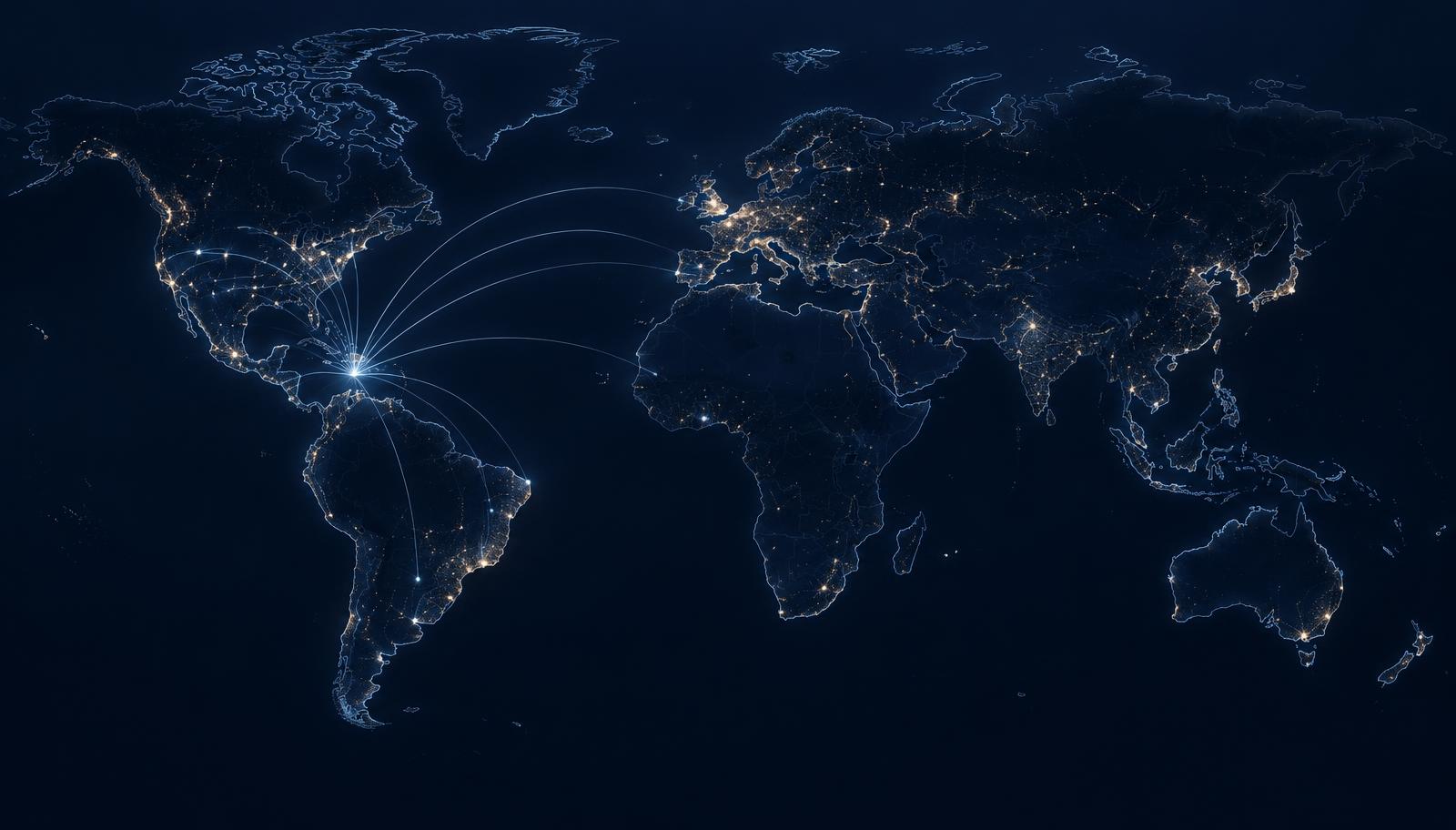 Illustrative world map with connections radiating from the Caribbean